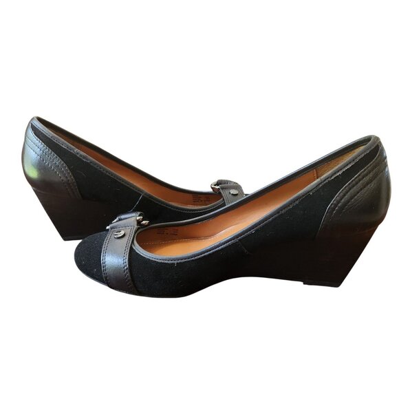 Calvin Klein SONDRA Black Suede & Leather Wedge Pumps Size 7.5 Buckle Detail - Picture 7 of 10